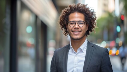 Attractive young businessman in glasses, with curly hair and wearing business attire, standing on the streets of America. Professional financial corporate portrait with a cityscape background