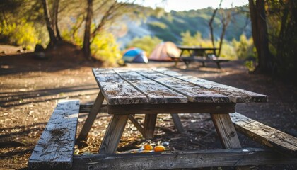 Showcasing a wooden table amidst a camping site, nestled within the tranquil embrace of nature