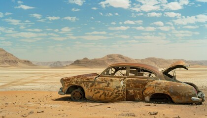 Showcasing an abandoned and rusted vintage car wreck in the Sahara Desert