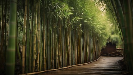 Fototapeta premium Processed collage of green bamboo fence surface texture. Background for banner, backdrop or texture for 3D mapping
