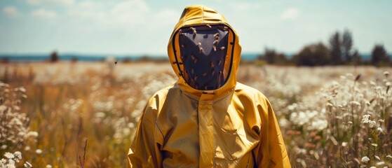 Attractive beekeeper in protective outfit stands in open field, with generous copy space