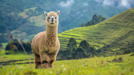 Fototapeta premium curious alpaca in natural setting with vibrant green fields and distant mountains