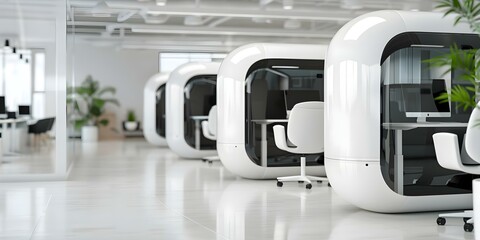 Silent Online Work A Futuristic Office Pod in an Open Office Space. Concept Remote Work, Futuristic Design, Virtual Office Pod, Productivity, Modern Workplace