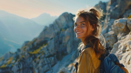 Naklejka premium A person climbing or hiking, possibly for adventure or exploration, with a backpack full of supplies