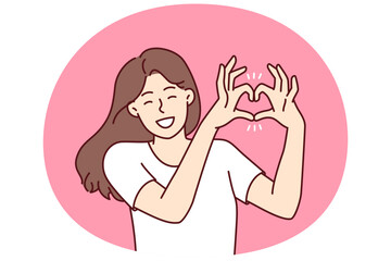 Woman demonstrates gesture of heart made of fingers flirting with boyfriend or beloved husband calling for love and being romantic. Girl shows heart with hands to call for kindness and mercy.