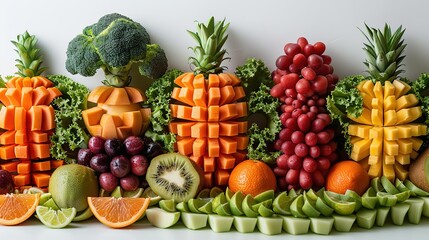 Assorted carved fruits and vegetables arranged in a decorative display, ideal for party food and festive themes.