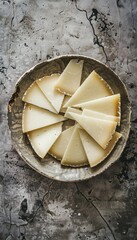 Slices of aged sheep cheese, Manchego cheese, plate against grey background, Spanish appetizer