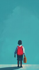Fototapeta premium African American seven year old boy wears classy school uniform with red backpack and orange suitcases. He stands back to viewer in vibrant blue sky, gazing at something unseen, mysterious.
