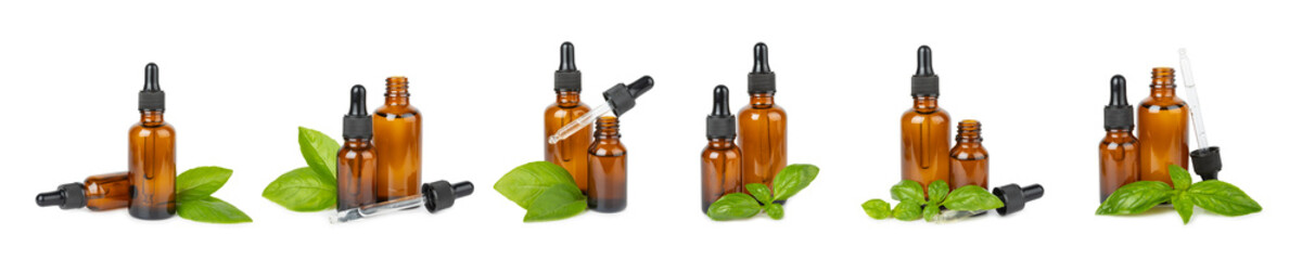 Basil essential oil isolated on white background. Basil essential oil and fresh leaves. Aromatherapy. Aroma oil. Medical herbs. Alternative medicine. Place for text. Copy space.