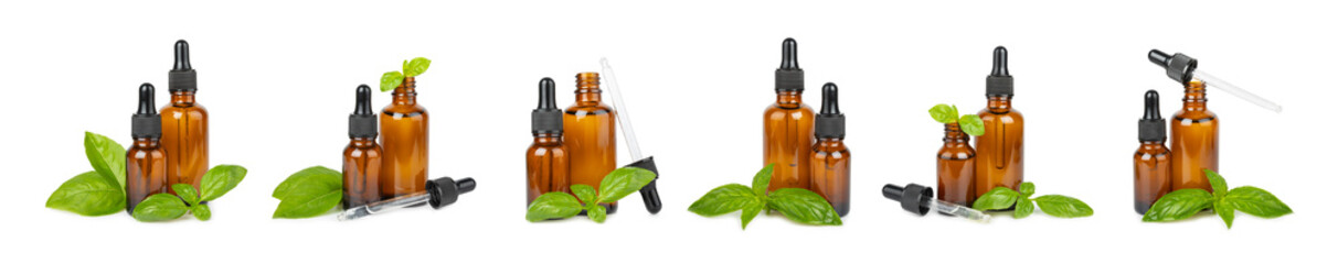 Basil essential oil isolated on white background. Basil essential oil and fresh leaves. Aromatherapy. Aroma oil. Medical herbs. Alternative medicine. Place for text. Copy space.