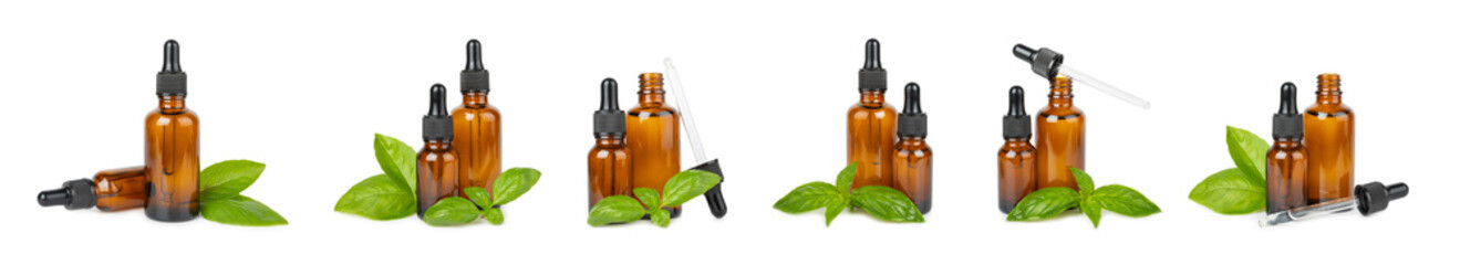 Basil essential oil isolated on white background. Basil essential oil and fresh leaves. Aromatherapy. Aroma oil. Medical herbs. Alternative medicine. Place for text. Copy space.