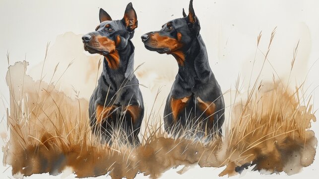Elegant watercolor drawing of Dobermans: beauty and grace.