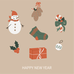 Christmas and Happy New Year greeting card, poster or invitation. Snowman, tree toys, sock, mitten, gift. Xmas templates with space for text. Hand drawn vector illustration