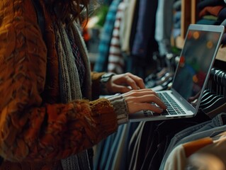Woman browsing on her laptop in a clothing store, showing e-commerce experience