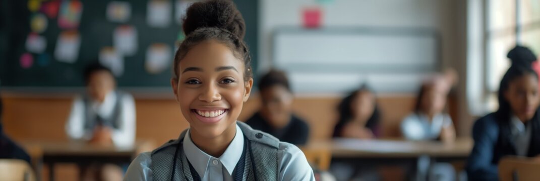 African American teenage girl wears classy school uniform, sitting at desk in classroom. Smiling directly at camera among students working. Gray wall and blackboard feature natural light from window.
