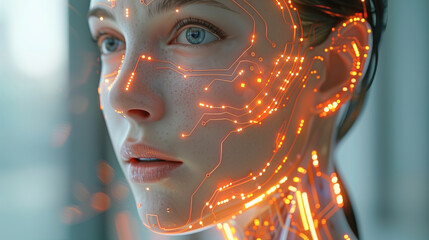 A woman's face is covered in glowing, electronic circuitry