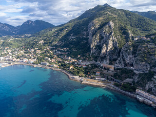 Aerial view on Italian Riviera and Mediterranean Sea from French-Italian border in Grimaldi village, Ventimiglia near San-Remo, travel destination, panoramic view from above