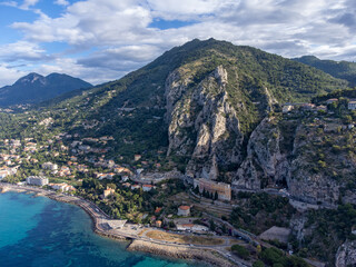 Aerial view on Italian Riviera and Mediterranean Sea from French-Italian border in Grimaldi...