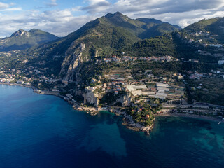 Aerial view on Italian Riviera and Mediterranean Sea from French-Italian border in Grimaldi...