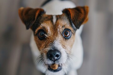 Adorable dog balancing kibble on its nose, staring intently at the camera