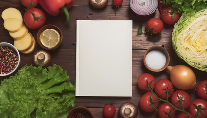 Mock-up of a white magazine cover with fresh cooking ingredients and vegetables.