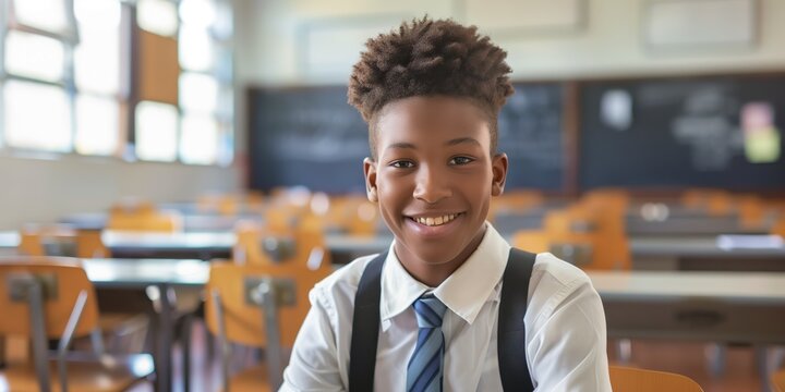 African American teen boy sits in orange chair with desks. Hands resting on desk during activity break. Back to school theme highlights education and learning. - Powered by Adobe