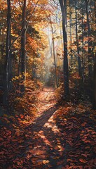 Obraz premium Golden autumn sunlight streams through a colorful forest path