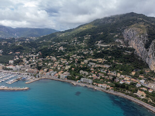 Aerial view on Italian Riviera and Mediterranean Sea from French-Italian border in Grimaldi village, Ventimiglia near San-Remo, travel destination, panoramic view from above