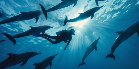 Obraz premium Diver Swimming with Dolphins in Sunlit Blue Ocean