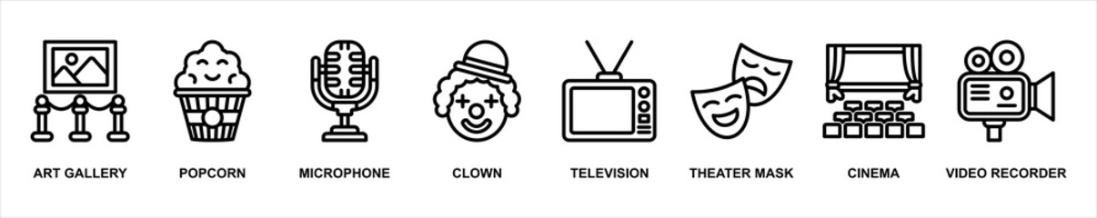 Design Outline illustration concept of entertainment web banner icons with art gallery, popcorn, microphone, clown, television, theater mask, cinema and video recorder