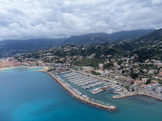 Fototapeta premium Aerial view on French Riviera, Menton, Monte-Carlo and Monaco and Mediterranean Sea from French-Italian border in Ventimiglia, travel destination, panoramic view from above