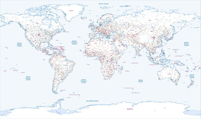 Image of Outline map of the world with countries labeled And most of cities and towns printed on Printed Glass Basin Splashbacks