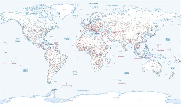 Outline map of the world with countries labeled And most of cities and towns
