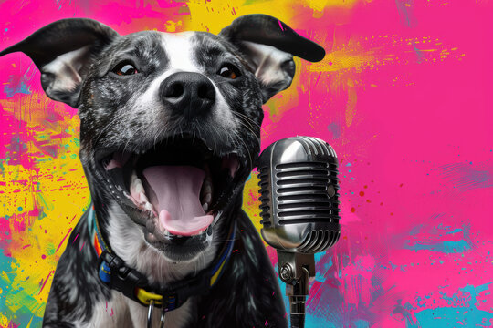 Energetic dog with microphone in front of colorful background