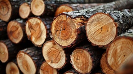 Neatly Stacked Pile of Wooden Logs - Close-up View