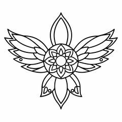 Doodle bird with intricate mandala wings, white background
