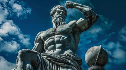 Atlas. Statue of Greek god supporting the weight of the world. Atlas statue with blue sky