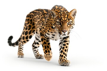 Naklejka premium Majestic Adult Leopard Walking Confidently on White Background