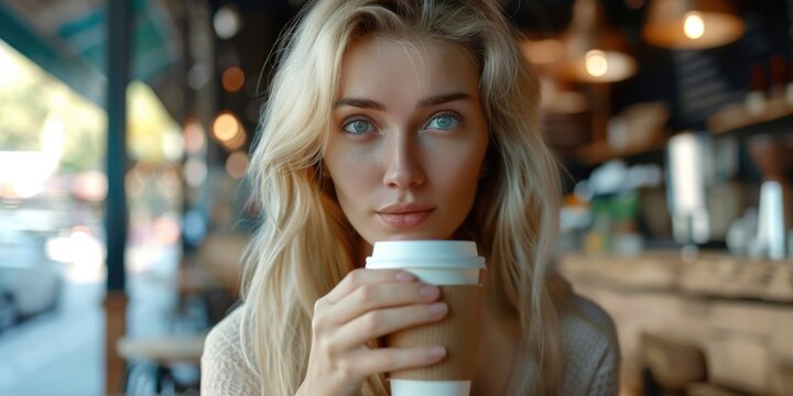 A woman holding a cup of coffee, possibly enjoying her morning routine or break time