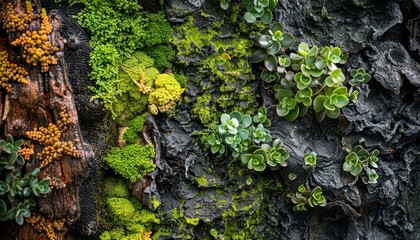 Photo capturing intricate textures and patterns of a living wall section, showcasing diverse plant