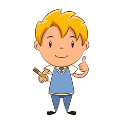 Kid holding pencil, writing gesture, boy, thumbs up, schoolboy