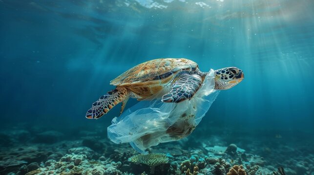 Environmental issue of plastic pollution problem. Sea Turtles can eat plastic bags mistaking them for jellyfish Sea turtle trapped in a plastic bag Stop ocean plastic pollution concept