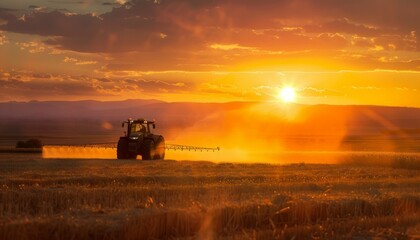 A picturesque agricultural scene at sunset: tractor in action amid crop fields, with an infographic