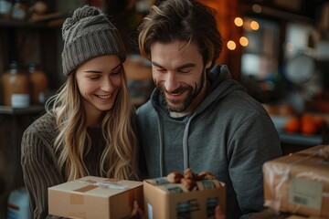Happy couple unboxing a delivery package