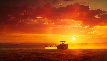 A picturesque agricultural scene at sunset: tractor in action amid crop fields, with an infographic