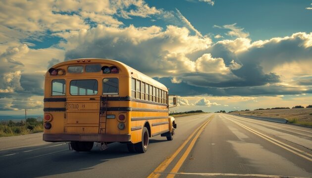 Classic vintage American yellow school bus on highway Back door open, ready school trip
