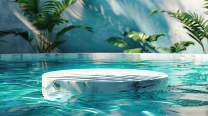 Obraz premium Top view of marble podium stand in swimming pool water with palm leaves. Summer tropical background for luxury product placement.