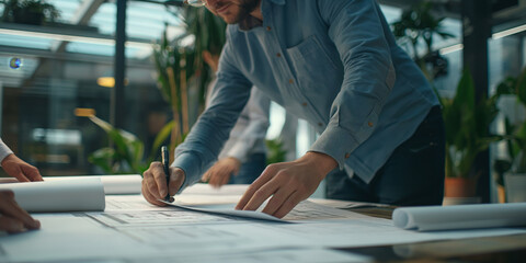 Architects Collaborating in Modern Office with Blueprint Plans and Greenery