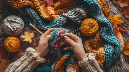 Obraz premium Knitting a Scarf: Hands knitting a scarf with knitting needles and colorful yarn, with a cozy setting around. 