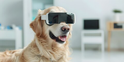 Innovative Use of Technology in Pet Care Golden Retriever Wearing VR Glasses in Vet Clinic. Concept Technology in Pet Care, VR Glasses for Pets, Golden Retriever Health, Innovative Vet Clinics